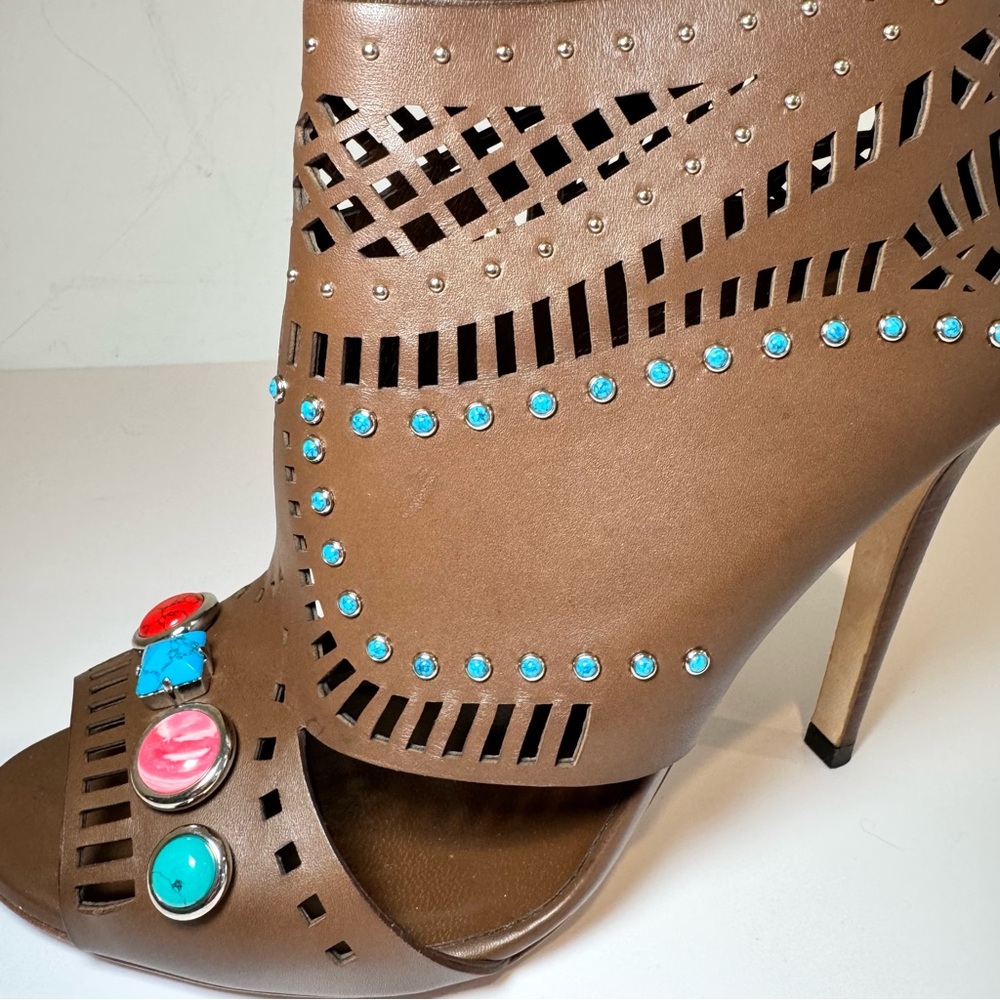 Gucci Lika Brown Leather Cutout Embellished Open Toe Bootie Sandal, Sz 38.5 - Picture 9 of 16